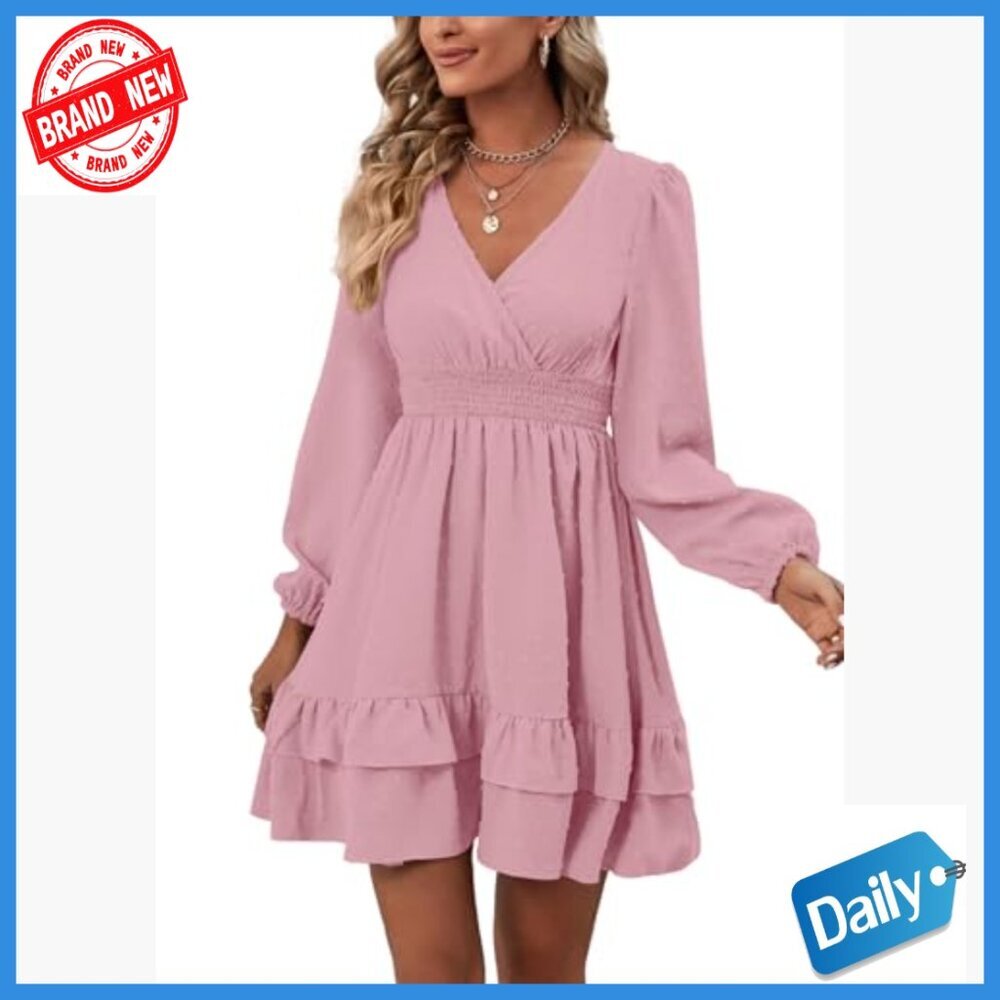 Wrap V-Neck Swing Ruffle Long Sleeve Mini Dress, Lightweight Polyester - Picture 6 of 7